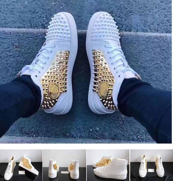 

classic style white-gold,black-gold high red bottom sneakers shoes for women,men studs spikes classic red sole outdoor trainers party