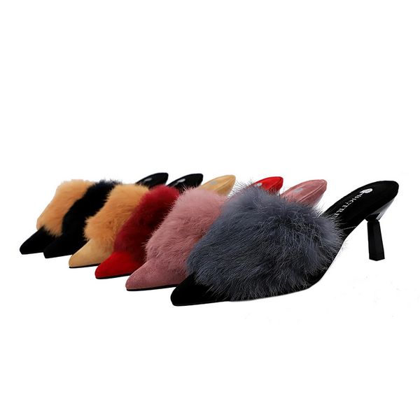 

imayson womens casual plush slipper pumps deep fashion korean rabbit fur style sandals party high heels heeled shoes, Black