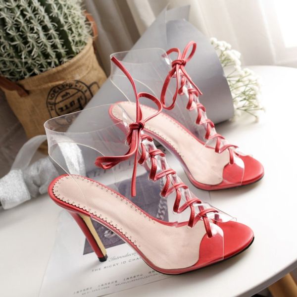 

big size high heels sandals women shoes woman summer ladies transparent fish mouth anterior lacing, Black