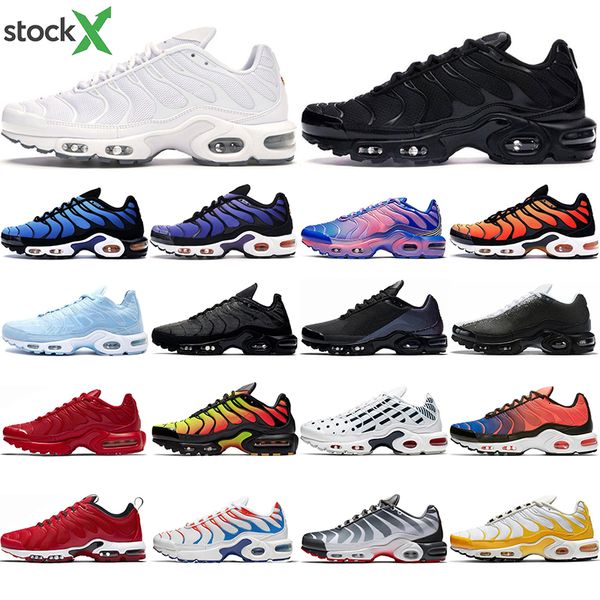 

new mens tn plus se running shoes triple black white shark hyper blue spray paint scream green men trainer runner sports sneakers 40-45, White;red