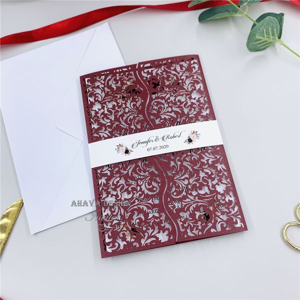elegant burgundy laser cut wedding invitations with belly band and insert personal hollow out wedding invite wedding invitation inserts wedding wedding card inserts