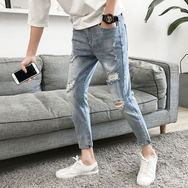 

wholesale 2019 indoor casual hip hop skinny washing men's denim hole jeans slim feet teenagers pants korean washing pencil pants, Blue
