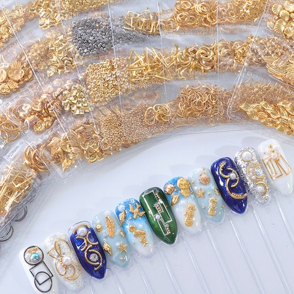 

nee jolie 1 bag mixed 3d hollow metal frame nail art decoration gold rivet shell slider nail studs manicure accessories tips diy, Silver;gold