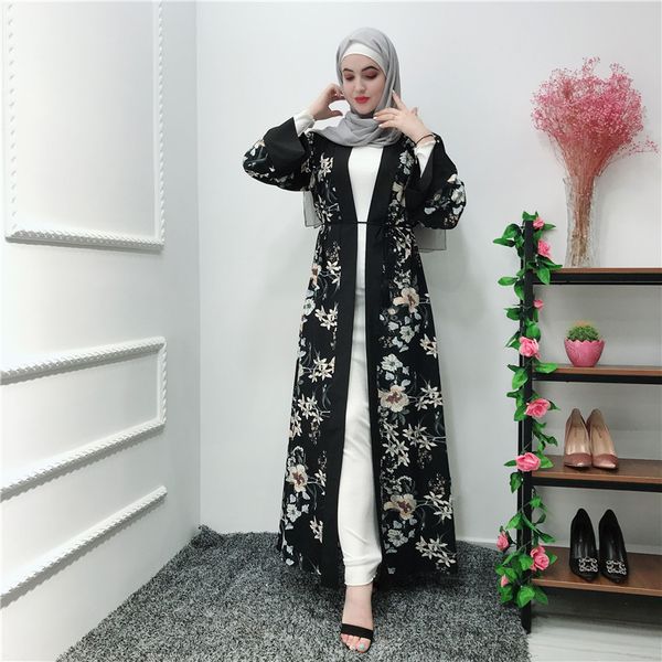 

2019 new arrival muslim women floral print black abaya s-2xl plus size islamic women long sleeved jilbab robe, Red