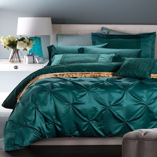 

luxury solid color checked cotton pleated satin 4pcs bedding set bedding linen covered sheets/king size