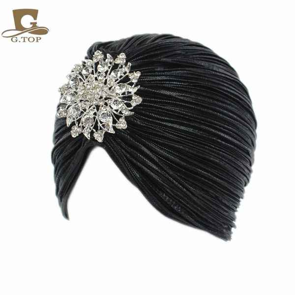 

ethnic clothing fashion ladies gold silver diamond jewel turban hats for women chemo bandana hijab pleated cap turbante hat, Red