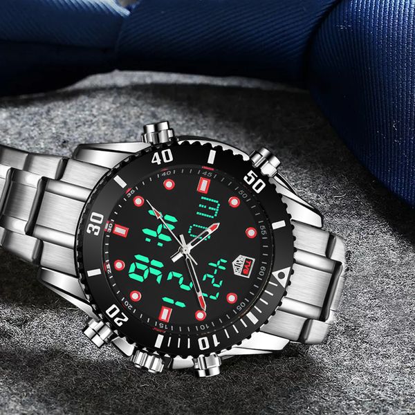 

tvg men watch stainless steel dual display quartz watches fashion men sport watch 100m waterproof dive watches, Slivery;brown