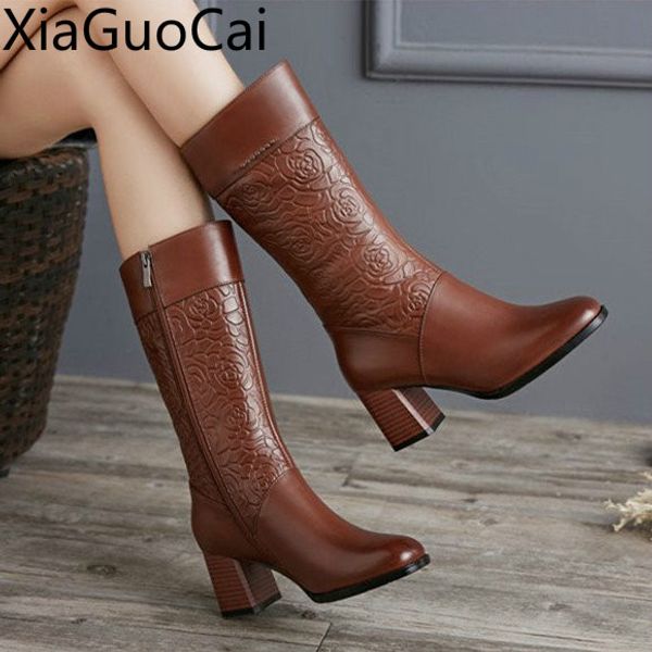 

embroidery genuine leather women's mid-calf boots winter leather ladies motorcycles boots zipper high heel, Black
