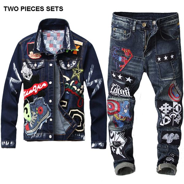 

vintage jackets jeans sets men's tracksuits slim beauty captain badge stitching denim jacket + embroidery pants 2 piece set streetwear, Gray