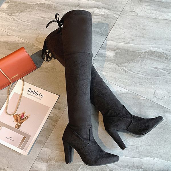 

women's leisure rome solid large size chunky heels lace up long boots shoes, Black