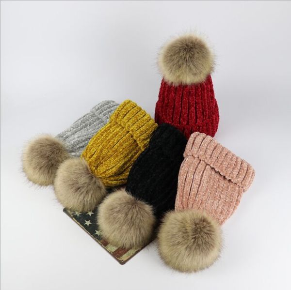 

new winter warm hat nature artificial fur pom pom knitted hats beanies women's cable knit skullies with hairy ball curled gorros, Blue;gray
