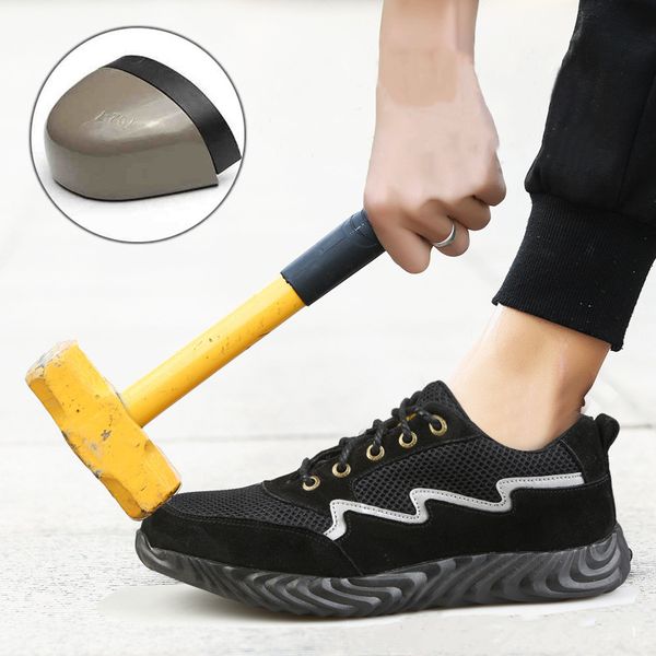 

safety shoes cap steel toe safety shoe boots for spring man work shoes men breathable mesh size footwear wear-resistant f36, Black