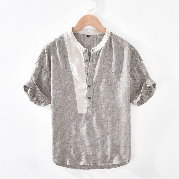 

японские строчка мужчина плед с короткими рукавами блузки льняных рубашек для мужчин пуловера сыпучего отдыха воротник блузка одежды, White;black