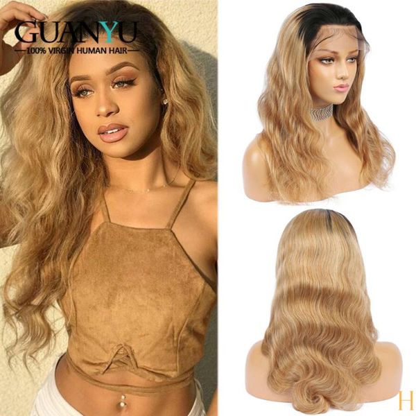 

1b/27 honey blonde 360 lace frontal wigs body wave pre plucked brazilian remy ombre human hair wig with baby hair 150% density, Black;brown