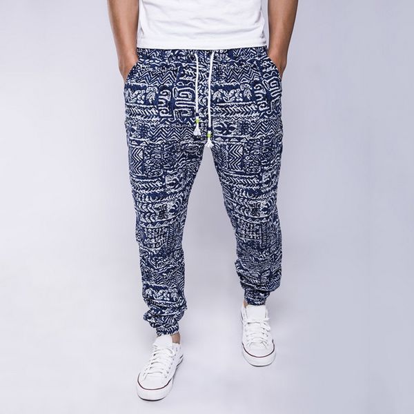 

puimentiua cotton linen pant men floral print joggers high street autumn sweatpants casual loose trousers vintage pantalon homme, Black