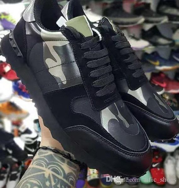 

модельер rockrunner камуфляж noir metallic sneaker натуральной кожи с заклепками мужчины женщины бегун обувь черный белый цвета с коробкой u, Black