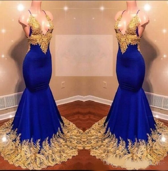 

halter prom dresses african long deep v neck gold lace appliques royal blue cocktail party dress backless evening gowns, Black