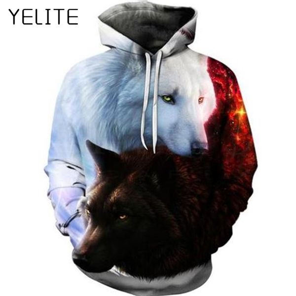 

yelite man 3d printed wolf hoodies boy jackets quality pullove winter sweatshirt casual pocket long-sleeved streetwear, Black