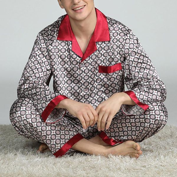 

spring stain silk men pajamas sets fashion casual long sleeve sleeping sets soft men fashion luxury printed sleepwear homewear, Black;brown