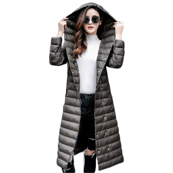 

2018 new women winter thin down jackets slim hooded women's coats long white duck down padded coat warm belt parkas j754, Black
