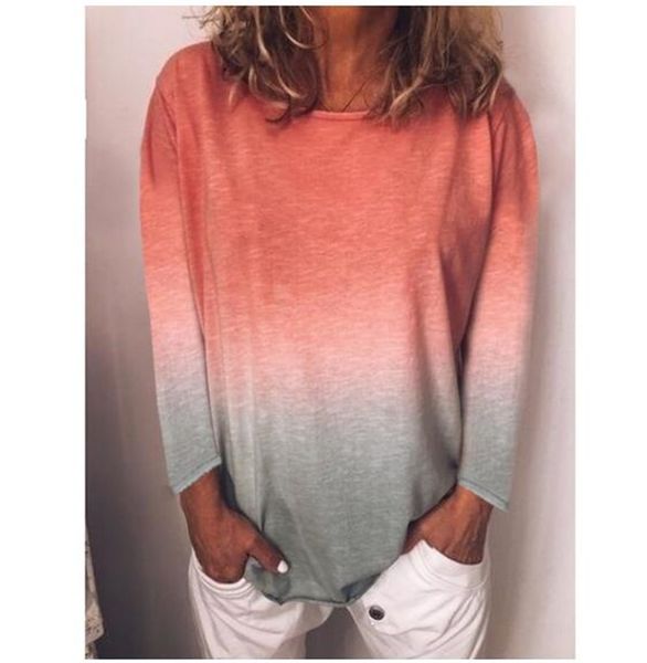 

fashion gradient color women tshirt spring designer ladies crew neck tees casual long sleeve, White