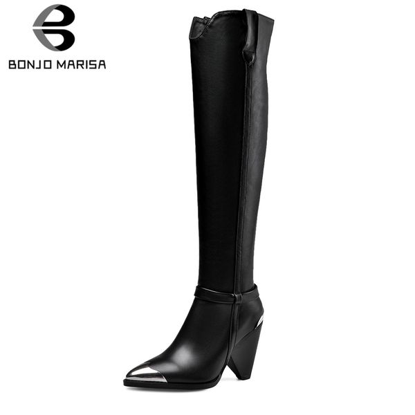 

bonjomarisa cow leather knee high boots for woman spike high heels shoes ladies party pointed toe metal shoes size 33-43, Black