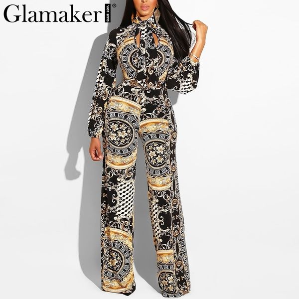 

glamaker printed long sleeve jumpsuit women hollow out turtleneck lace up jumpsuit rompers female summer vintage overalls y190427, Black;white