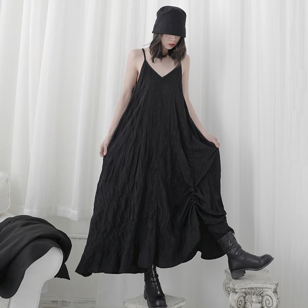 

eam] women black pleated split long spaghetti strap dress new v-neck sleeveless loose fit fashion tide spring summer 2020 1t707, Black;gray