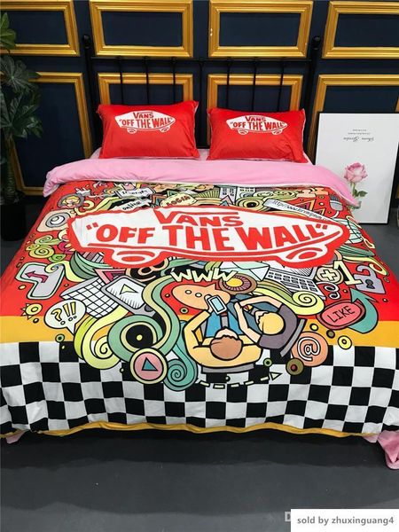 

creative red bedding suit black white grid autumn and winter bed cover suit print cartoon bedding cover 4pcs