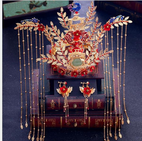 

retro headdress long-style liusu fengguan xia rolling chinese antique dress dragon and phoenix coat hair decoration atmosphere, Slivery;golden