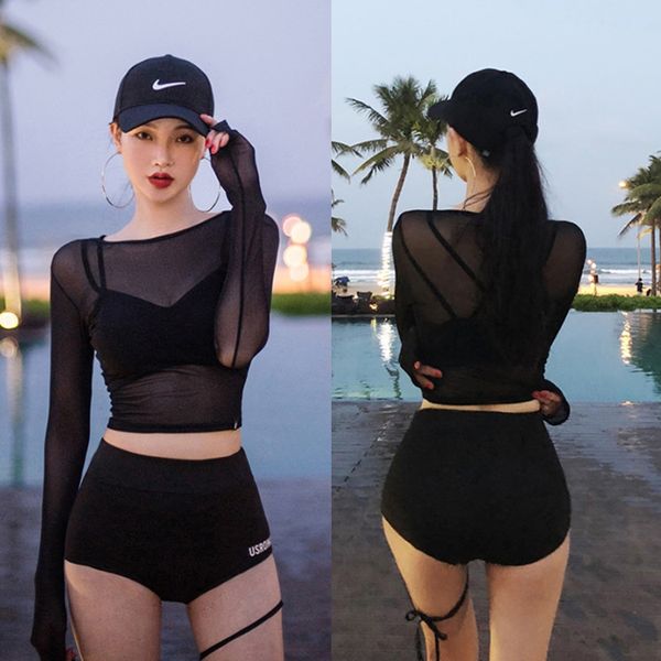 

2020 long swim sleeve women's three-piece swimsuit bikini bikini conservative spring swimming suit, White;black