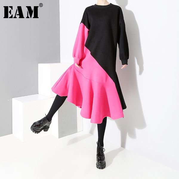 

eam] 2019 new spring winter round neck long sleeve black hit color loose ruffles hem big size dress women fashion tide jl385, Black;gray