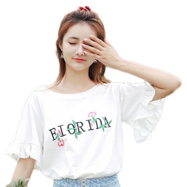 

harajuku women girls summer floral printed trumpet half sleeve t-shirt casual short tee camisetas mujer vadim, White