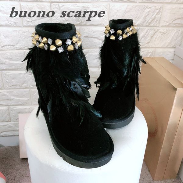 

full cow leather winter new sheep fur one female waterproof feather snow boots, Black