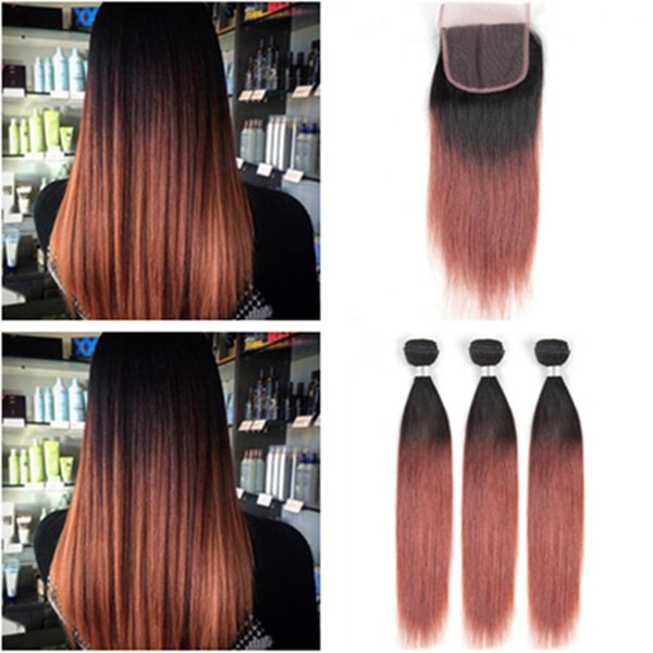 2019 Copper Red Ombre Straight Peruvian Human Hair 3bundles With Closure 1b 33 Dark Auburn Ombre Weave Bundles With 4x4 Lace Closure From
