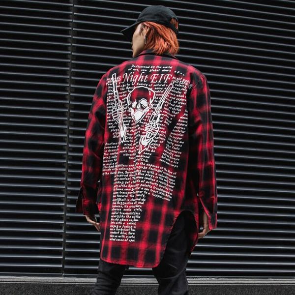

spring summer fashion printed men plaid long shirt hip hop punk streetwear korean style vintage men shirts camisa masculina, White;black