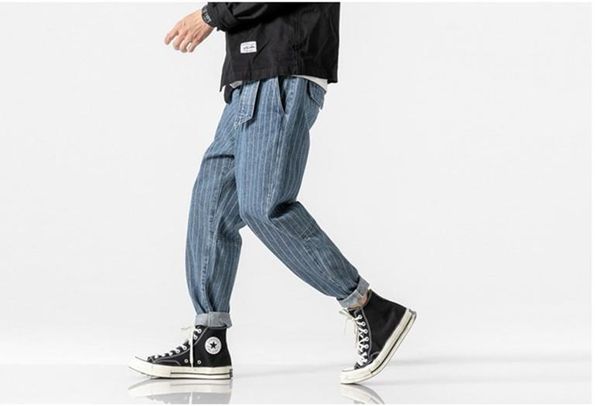 

japan style jeans casual clothes styles mens jeans pencil pants ankle banded pants old school striped, Blue