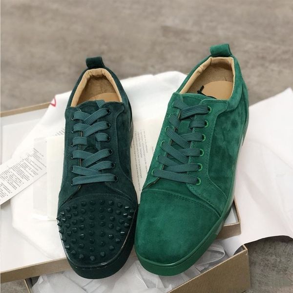 

2019 designer sneakers red bottom spikes flat velours suede sneakers iron grey men trainers 100% real leather party shoes us 5-12.5