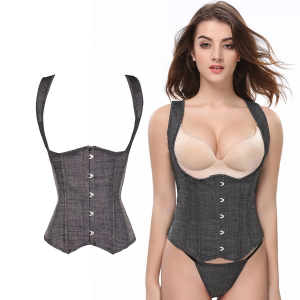 

personality straps gray denim waist training plus size posture corrector vest waist trainer slimming body shaper waist cinchers 840, Black;white