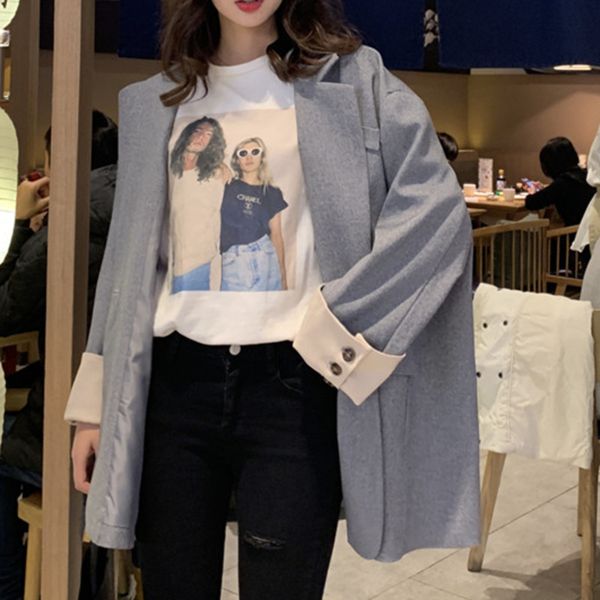 

lanmrem 2019 autumn and winter new casual fashion temperament women jacket loose plus curling sleeve blazer tc632, White;black