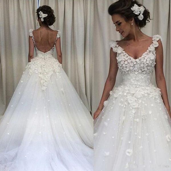

2019 Spring Summer Beautiful Backless A-Line Wedding Dresses Tulle Skirts with 3D Flowers Deep V Neck Sleeveless Chapel Train Bridal Gowns