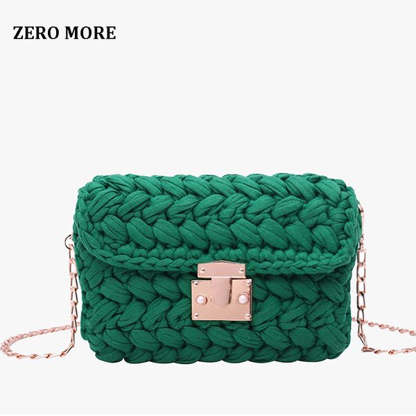 

zero more new fashion ins woven knitting handbag women flaps messenger bag cotton fabric handmade plait cover shoulder bag