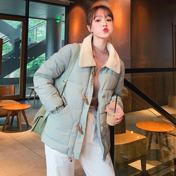

winter lapel women's jacket fashion horn buckle long sleeve slim jacket woman korean college wind warm wool lamb coat ladies, Black