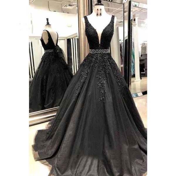 

elegant evening formal dresses 2019 v neck lace applique black tulle formal party dresses prom gowns beaded sash, Black;red