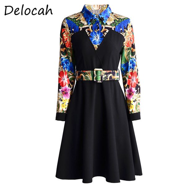 

delocah spring fashionÂ designerÂ women long sleeve simple sashes floral printed elegan casual slim female shortÂ dressesÂ vestidos, Black;gray