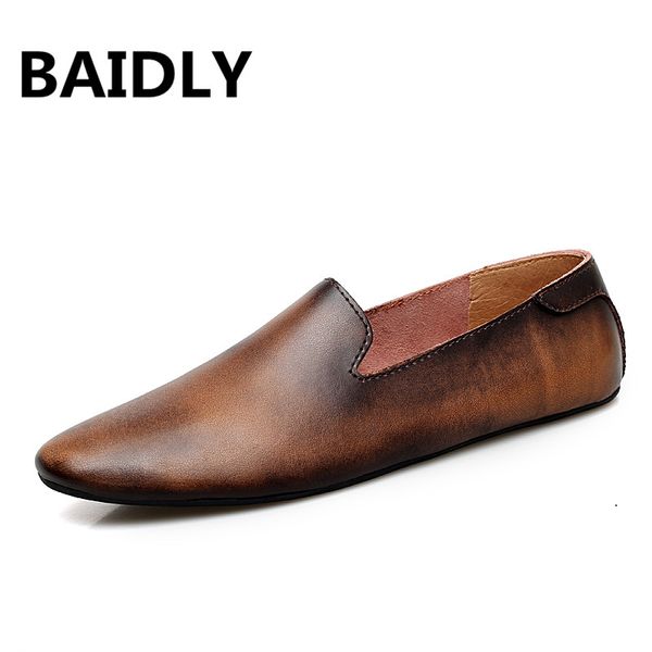 

new fashion men leather flats shoes comfortable man casual shoes slip on male outdoor walking split leather driving, Black
