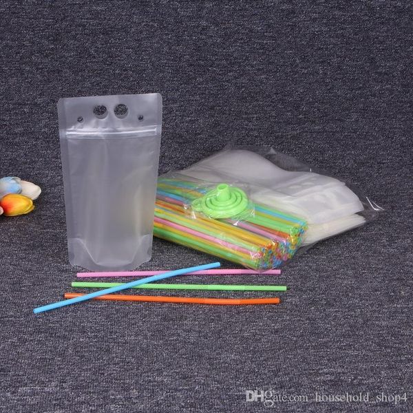

100pcs plastic frosted clear beverage bag tea soy milk juice packaging bag zipper transparent thicken portable drink sealing with straws