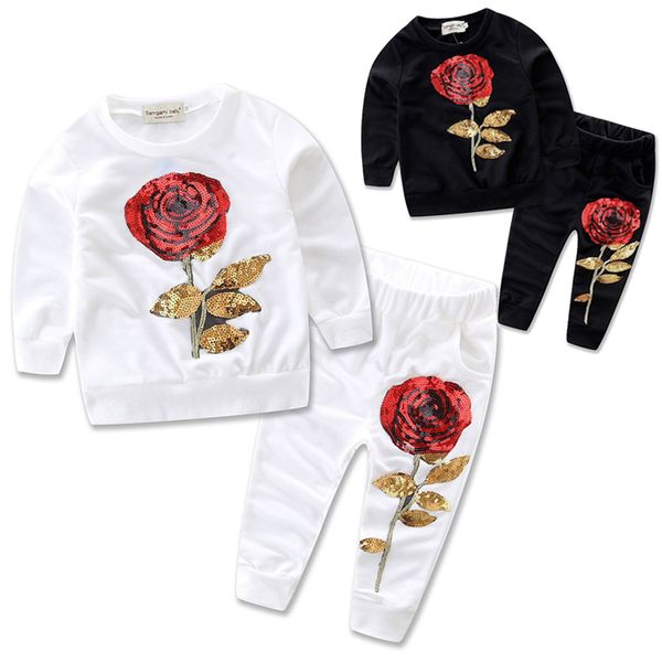 

girl clothes sportswear 2 colors designer tracksuit boutique kids clothes rose sequin print hoodies pant toddler girl clothing set cjy848, White