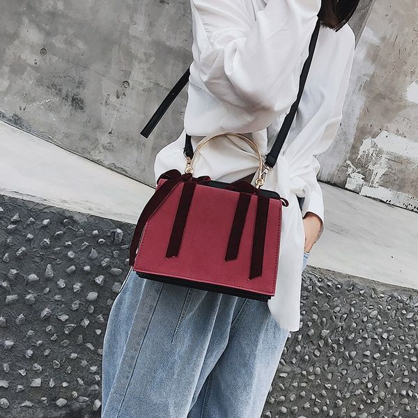 

scrub design women small square bag metal semi-circular handle handbag texture solid color shoulder bag sweet bow messenger