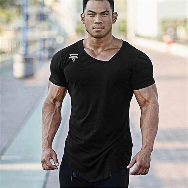 

Januarysnow Summer Fashion Brand T-Shirt Mens Gyms Clothing V-neck Short Sleeve Slim Fit T Shirt Ftiness Men Compression Tshirt Homme